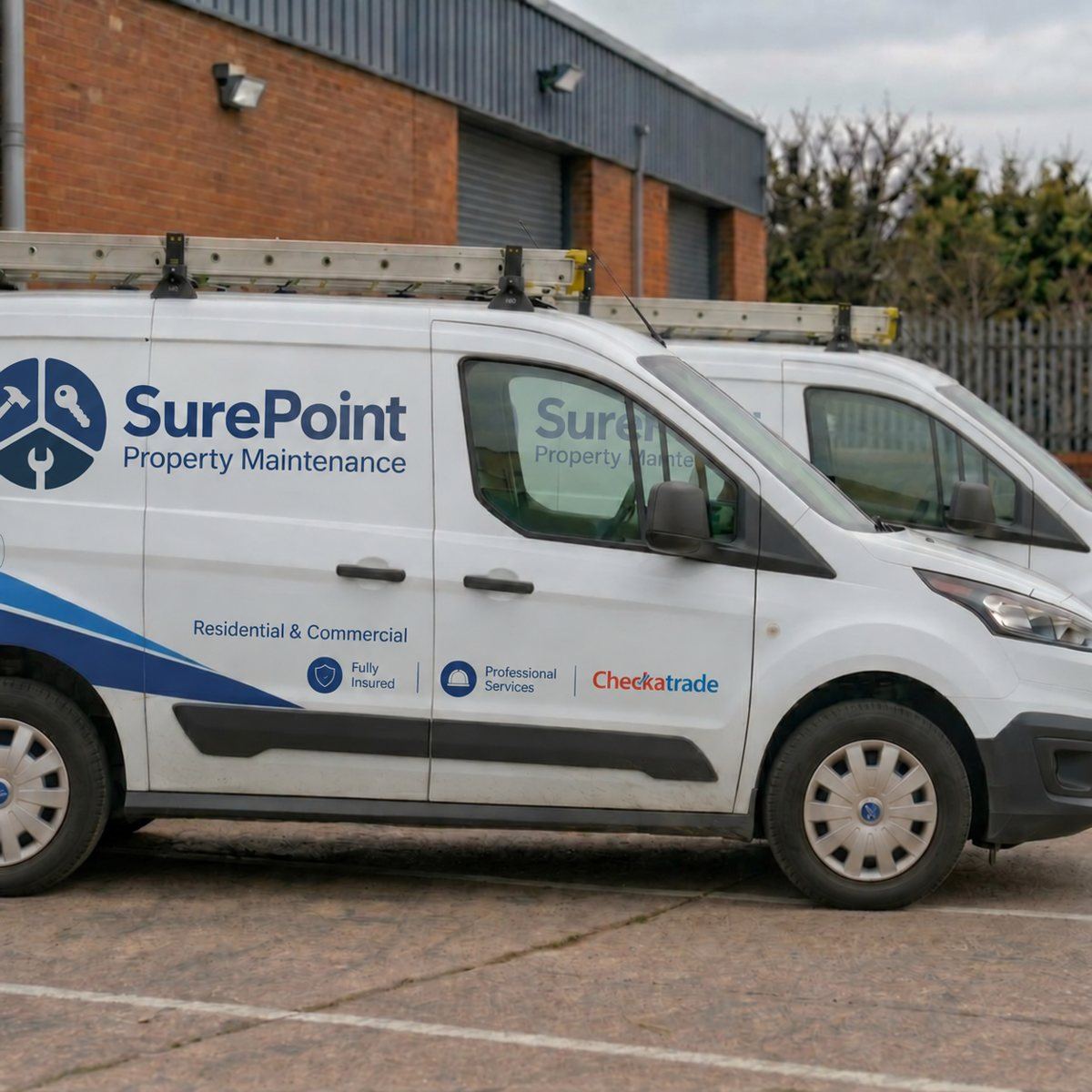 SurePoint Property Maintenance vans with roof ladders parked outside a depot