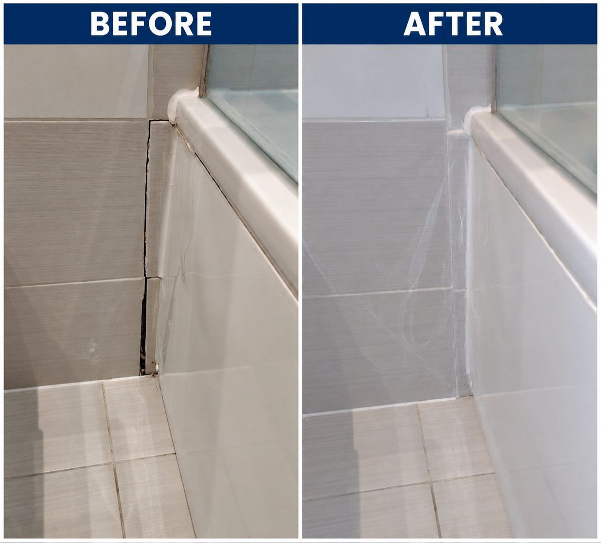 Before and after: cracked tile joint and bath seal repaired