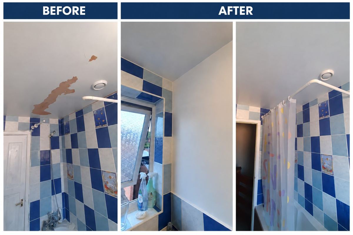 Before and after: flaking bathroom ceiling repaired and repainted