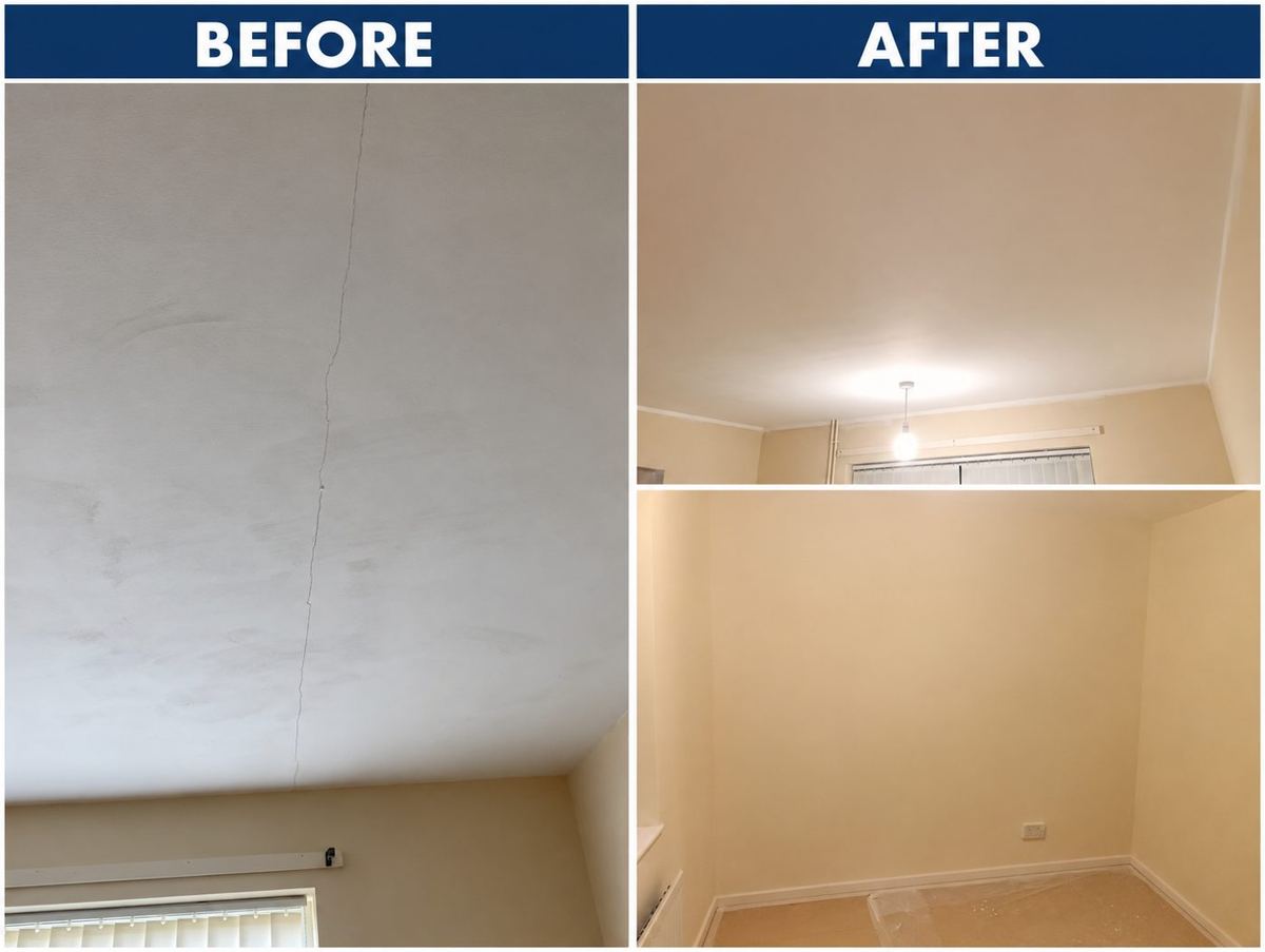 Before and after: ceiling crack repaired and room redecorated