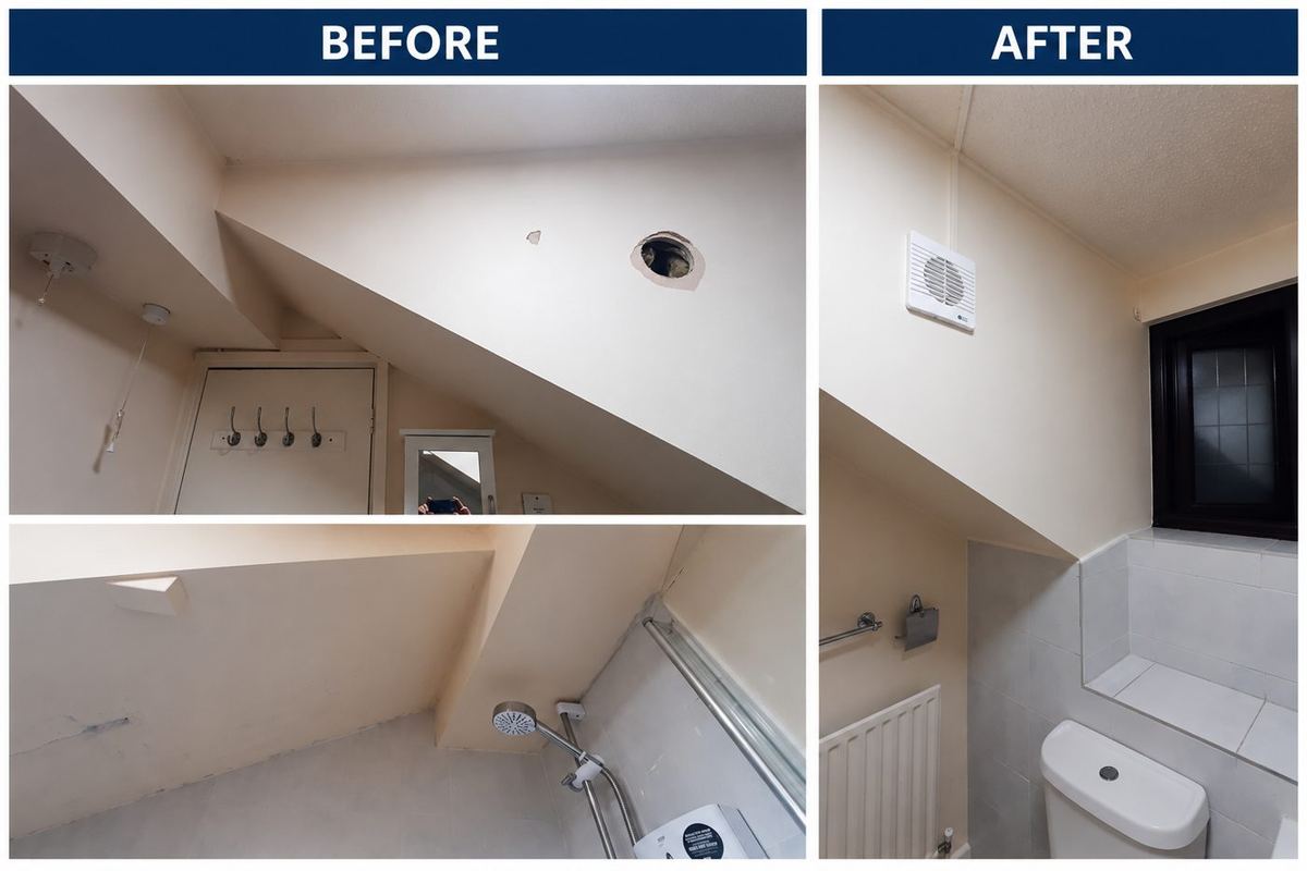 Before and after: new extractor fan fitted and ceiling made good