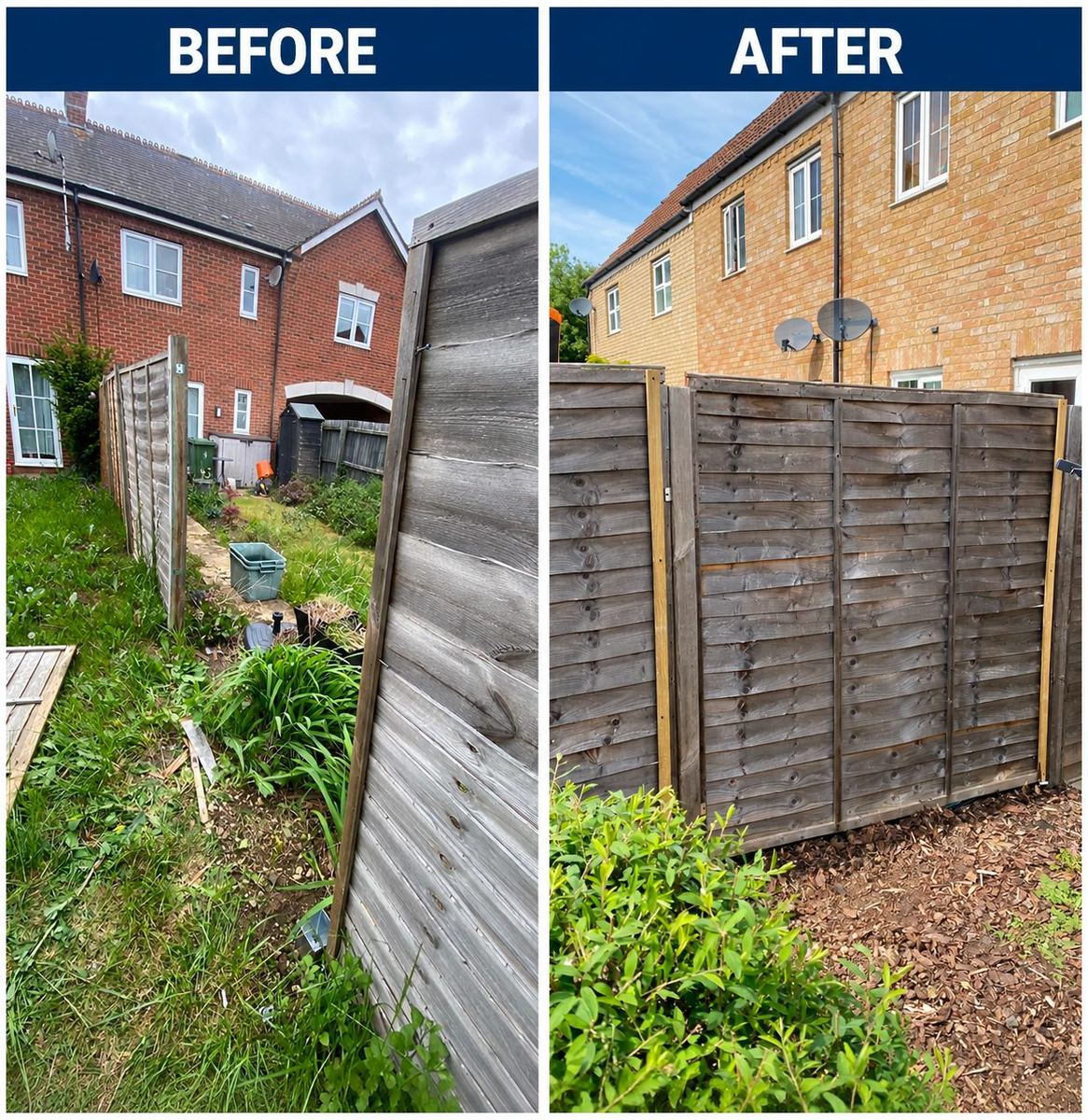 Before and after: collapsed fence rebuilt