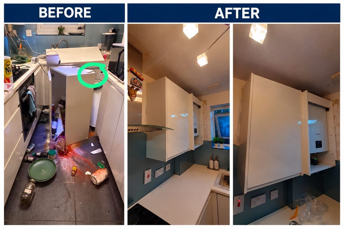 Before and after: collapsed kitchen cabinet rebuilt and refitted