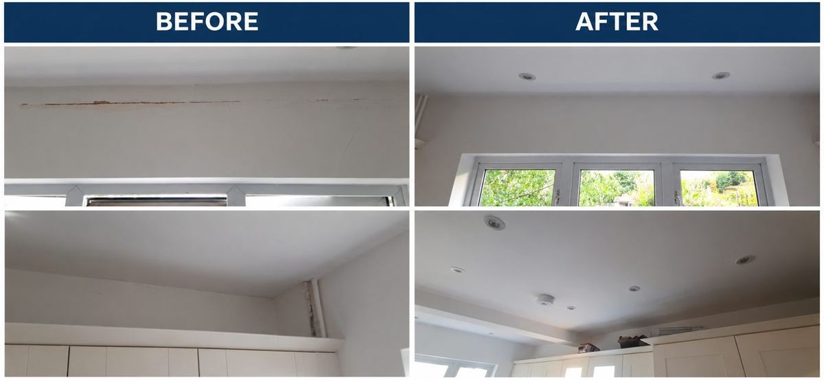 Before and after: kitchen ceiling cracks repaired and repainted