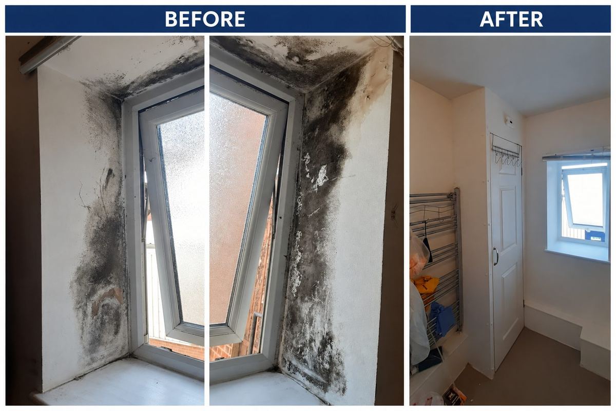 Before and after: severe mould around a window treated and redecorated