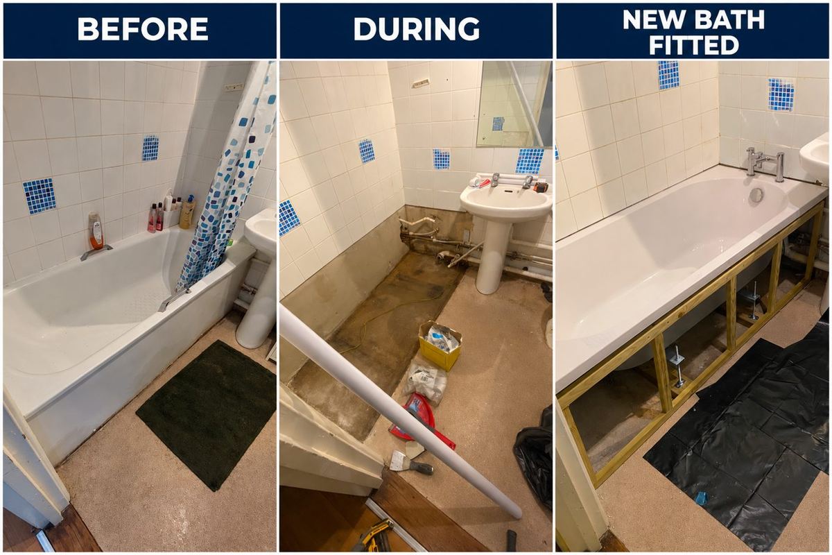 Bath replacement: before, during and new bath fitted