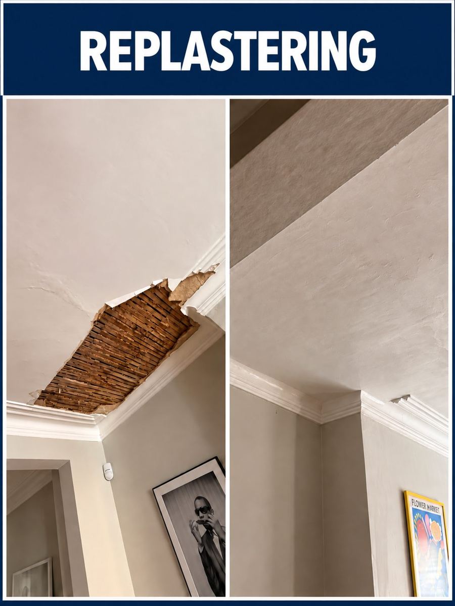 Before and after: collapsed lath ceiling replastered