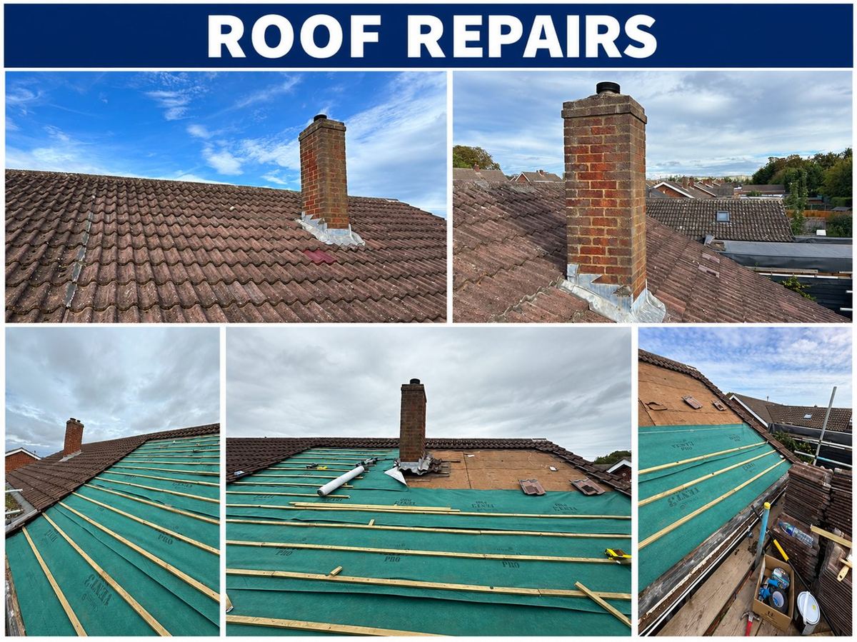 Roof re-felted, re-battened and chimney flashing renewed