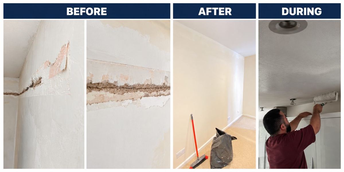 Before, during and after: wall crack repaired and redecorated