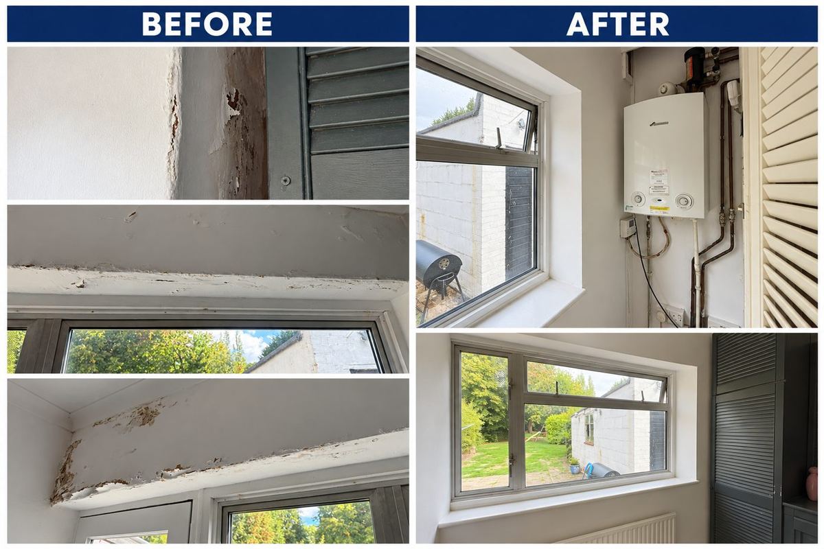 Before and after: flaking window reveals stripped, repaired and repainted